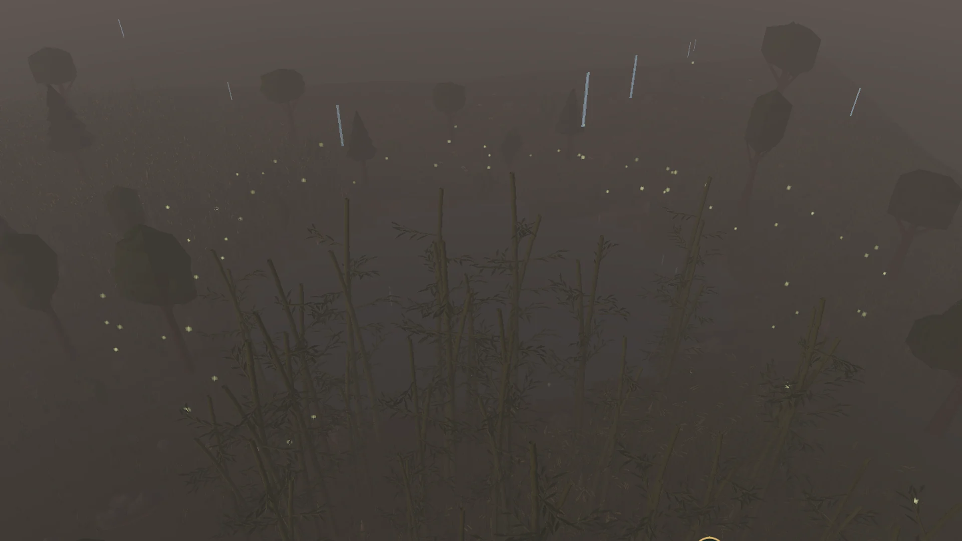 A real in-game rainstorm and fireflies moving through a bamboo landscape / 雷雨与萤火虫穿过竹林环境的实机画面