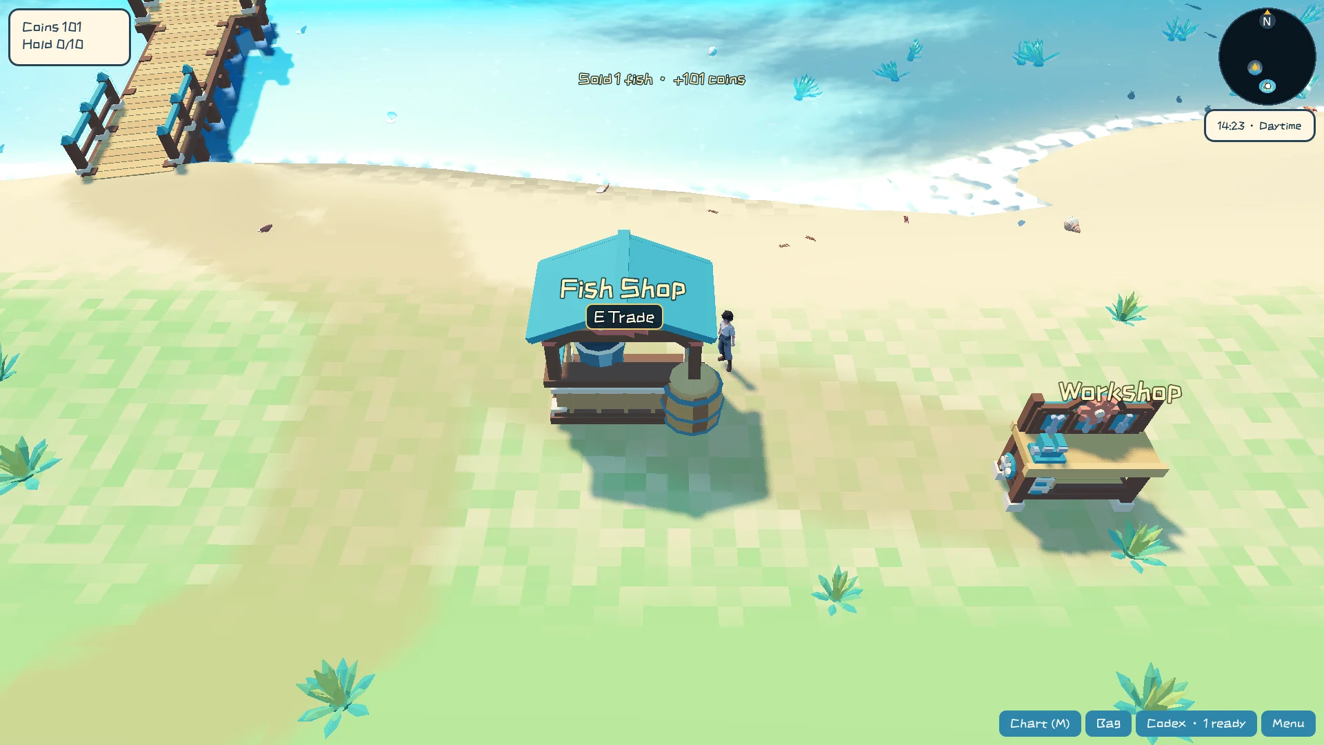 A real in-game fish sale beside the harbor workshop / 在港口工坊旁售鱼的真实实机画面