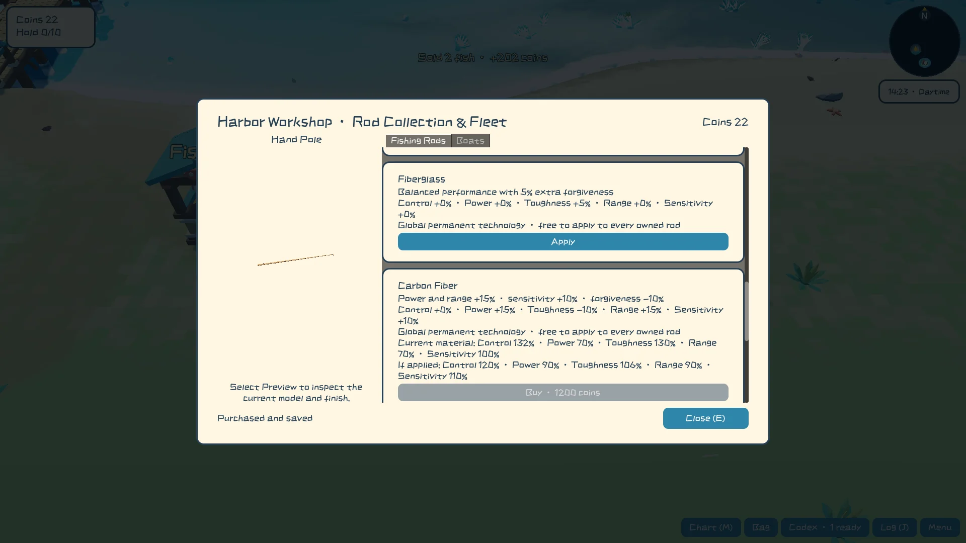 A real in-game fishing rod collection and upgrade screen / 钓竿收藏与升级的真实实机画面